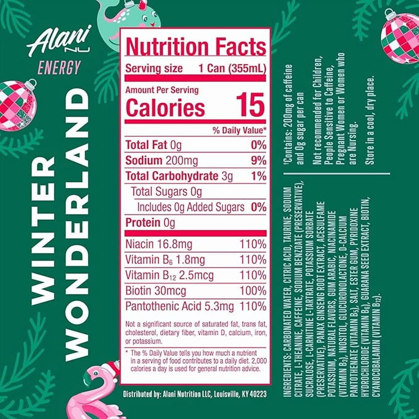 Alani Energy Drink Winter Wonderland Sugar Free, Low Calorie, 12 Fl oz 6ct