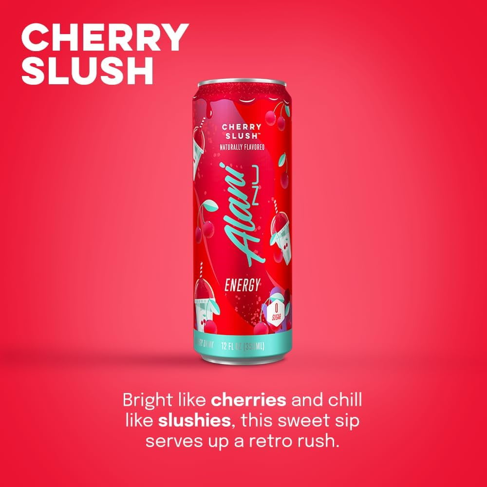 New Alani Energy Drink, Cherry Slush Flavor, Sugar-Free, 12 fl oz Low-Calorie Energy Boost (Pack of 6)