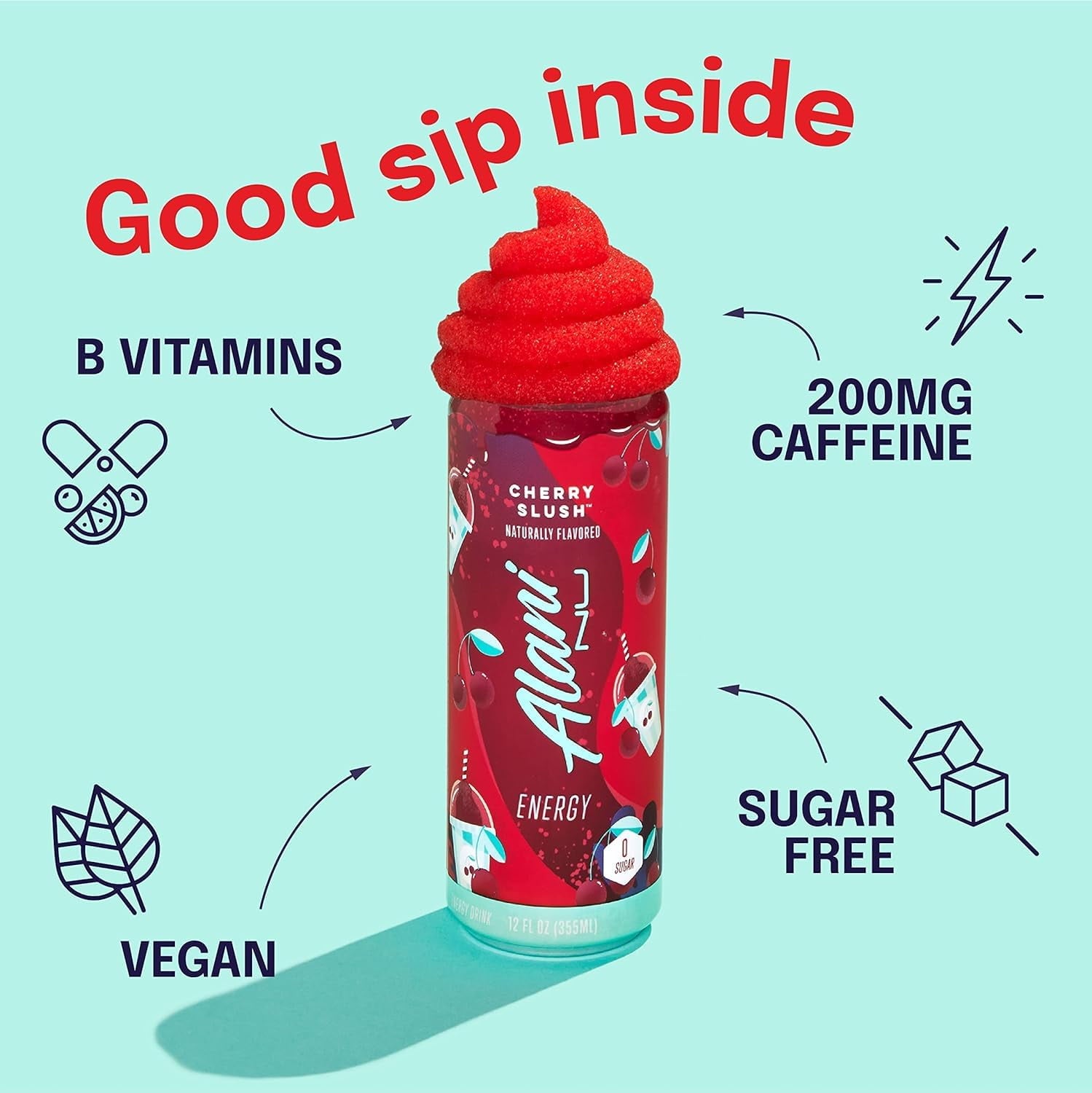 New Alani Energy Drink, Cherry Slush Flavor, Sugar-Free, 12 fl oz Low-Calorie Energy Boost (Pack of 6)