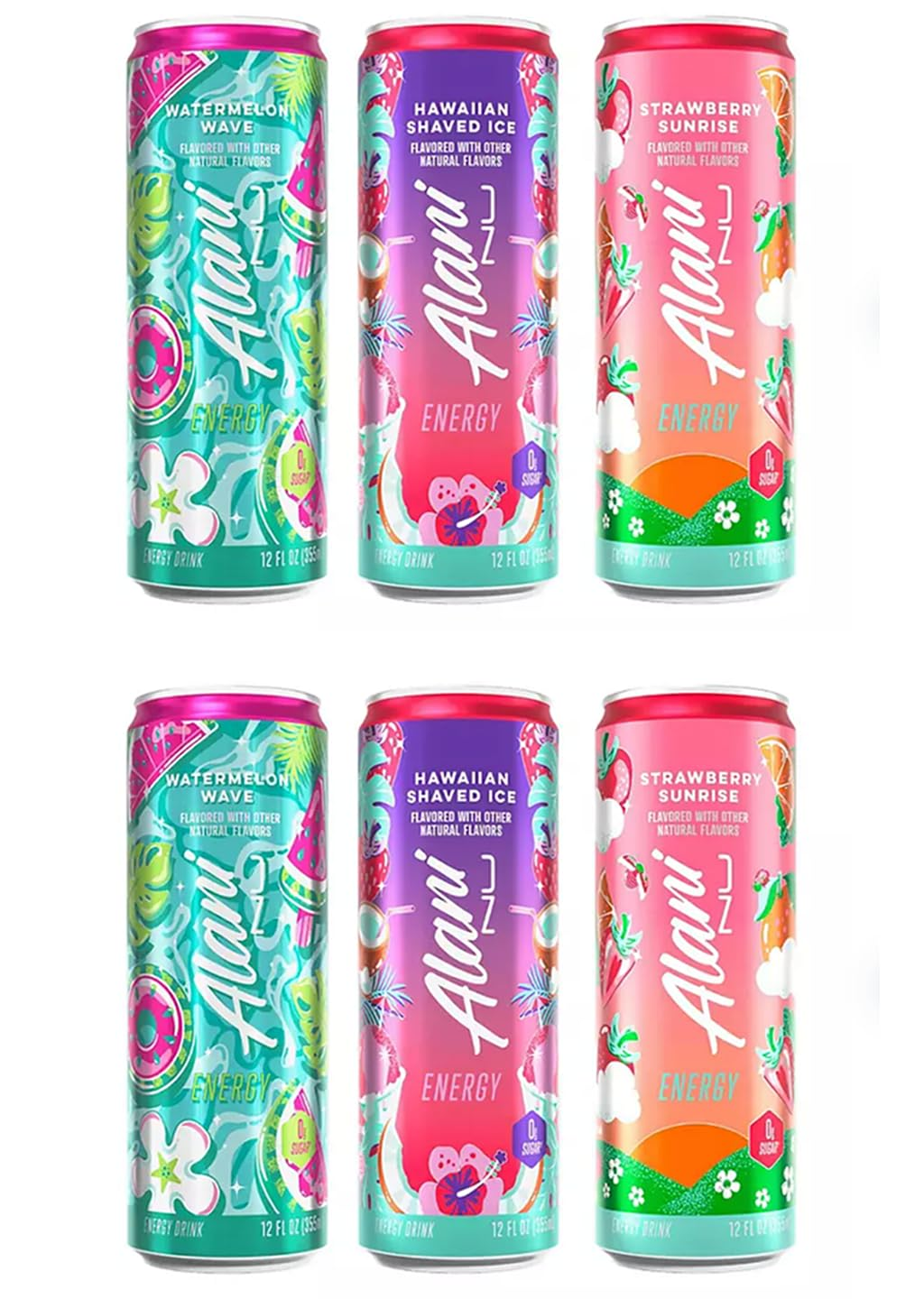 Alani Nu Energy Drinks Strawberry Sunrise, Watermelon Wave, Hawaian Shaved Ice Variety Pack | Sugar Free, Low Calorie Energy Drinks 6 Cans Total (12 fl oz Each) 6 Pack