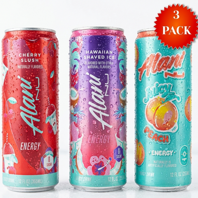 Alani Nu Sugar Free Energy Drink, Variety Pack, Cherry Slush, Juicy Peach, Hawaiian Shaved Ice, 12 fl oz, 3 Pack, Cans, 200mg Caffeine
