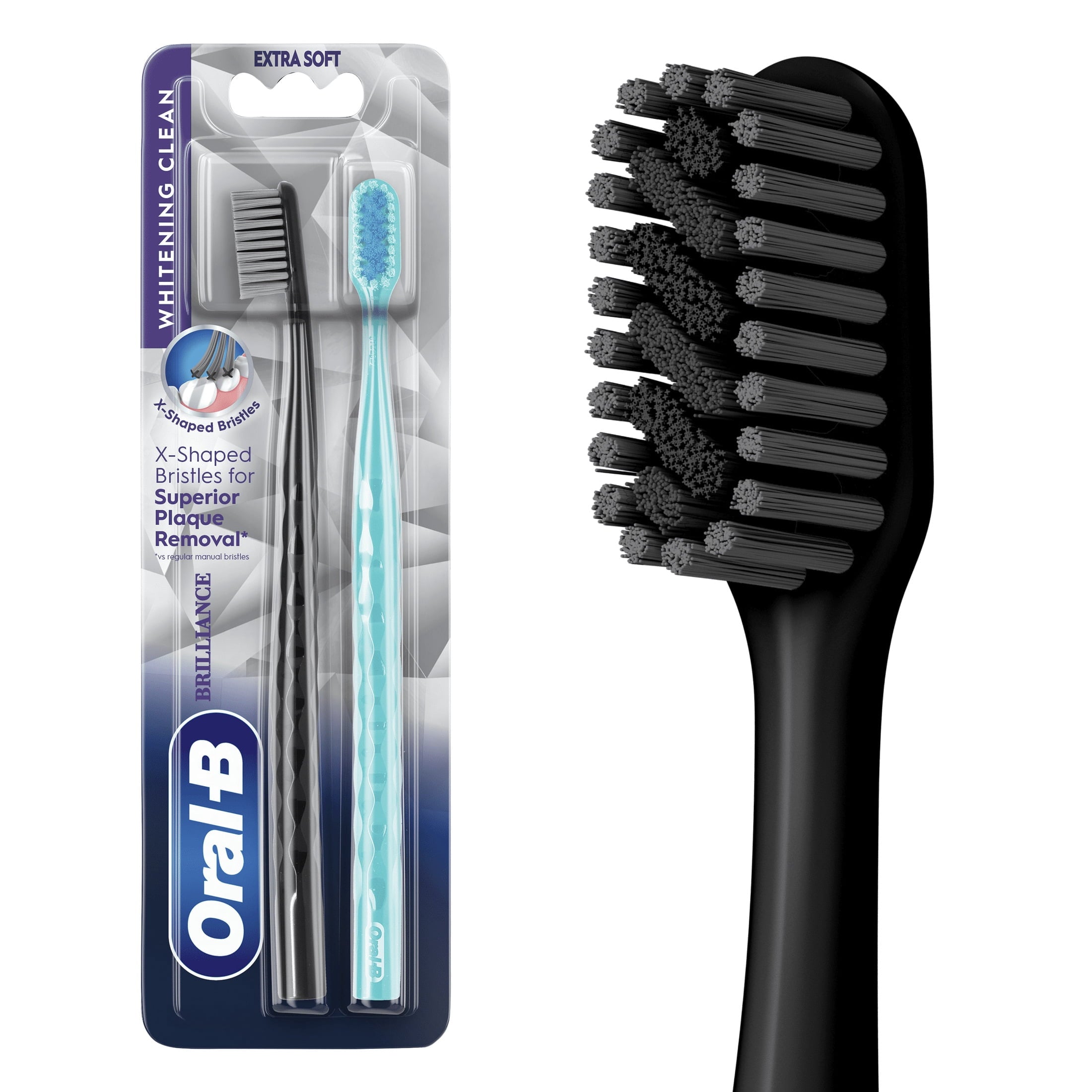 (2 pack) Oral-B Toothbrush Pro Whitening Brilliance, Extra Soft, Black and Teal, 2 Count