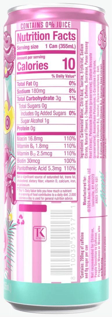 Alani Energy Drink Cotton Candy, Sugar Free, Low Calorie Energy Drinks, 12 Fl Oz Cans, 8 Pack