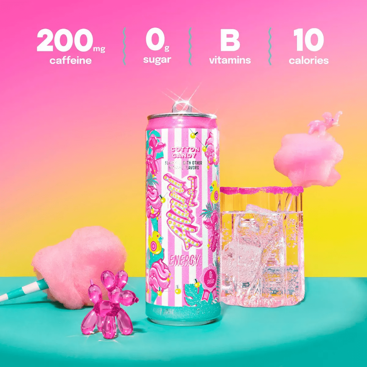 Alani Energy Drink Cotton Candy, Sugar Free, Low Calorie Energy Drinks, 12 Fl Oz Cans, 8 Pack