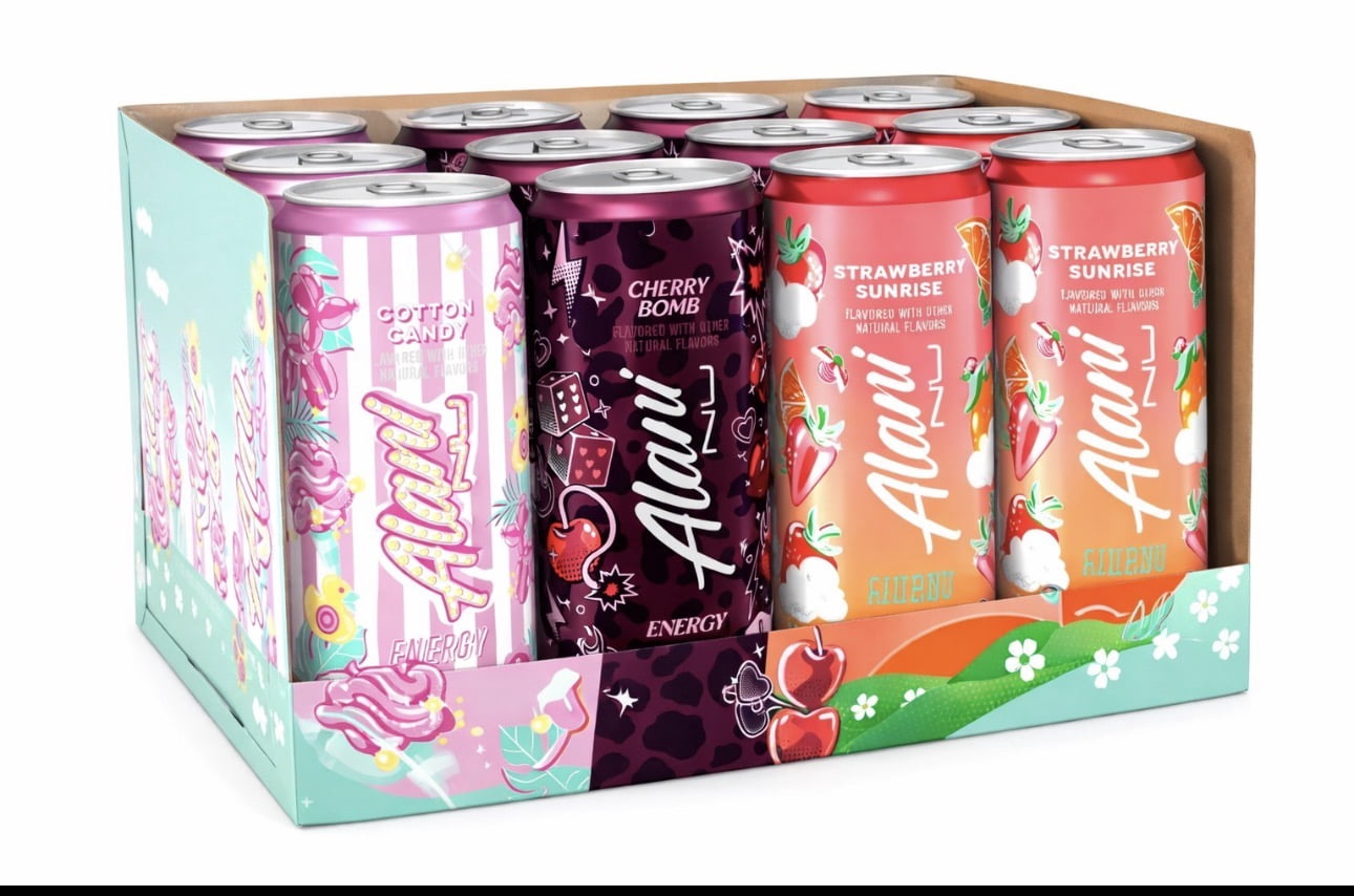 Alani Energy Drink Variety Pack Cotton Candy Cherry Bomb Strawberry Sunrise Flavors 12 Count