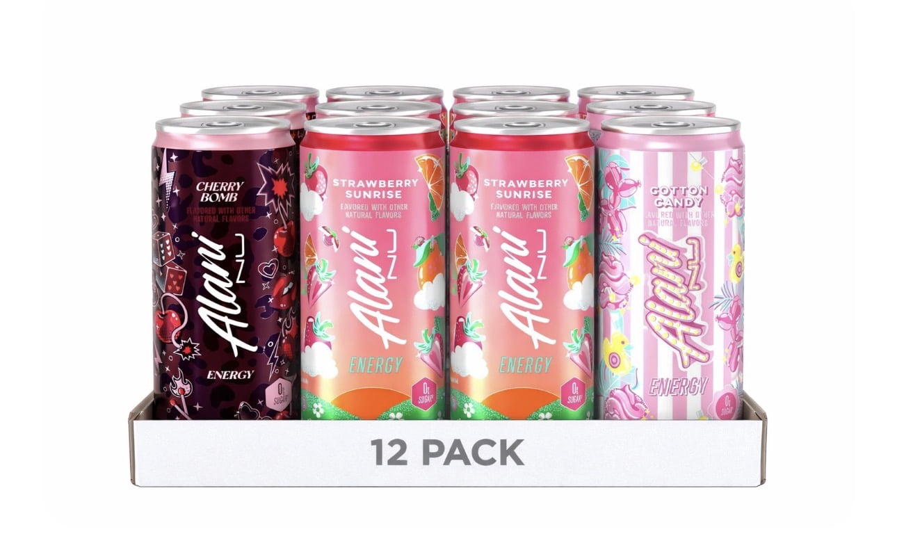 Alani Energy Drink Variety Pack Cotton Candy Cherry Bomb Strawberry Sunrise Flavors 12 Count