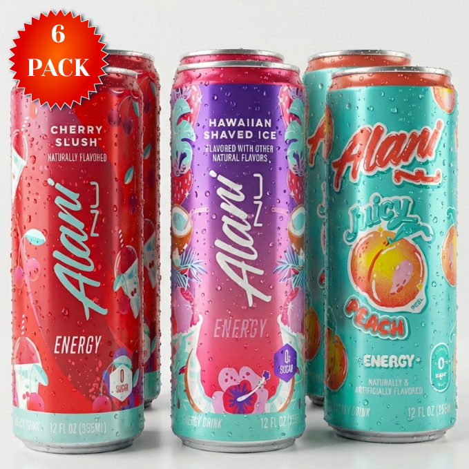 Alani Nu Sugar Free Energy Drink, Variety Pack, Cherry Slush, Juicy Peach, Hawaiian Shaved Ice, 12 fl oz, 6 Pack, Cans, 200mg Caffeine