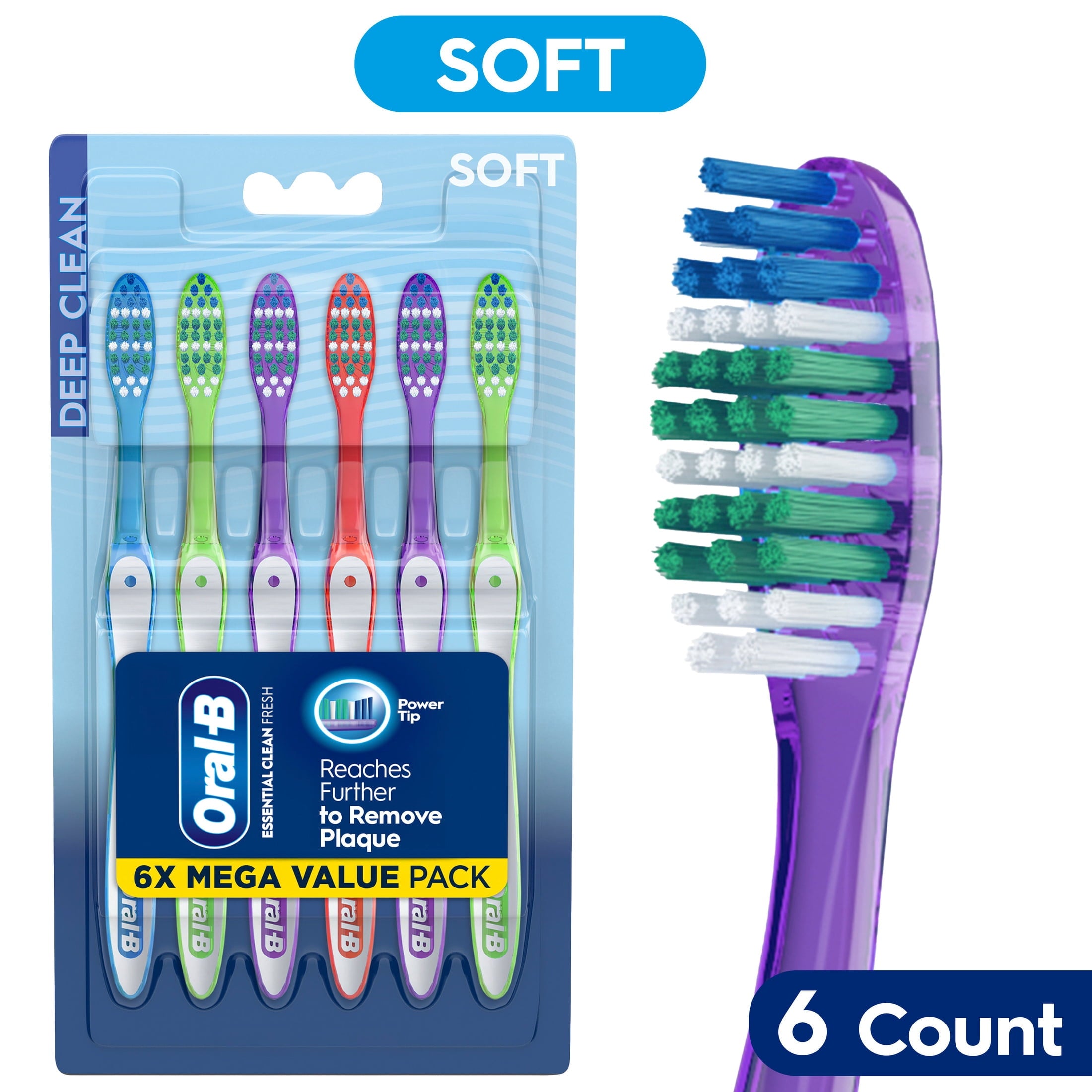 (4 pack) Oral-B Toothbrush Pack, Essential Clean Manual Toothbrushes, Soft Bristles, 6 Count