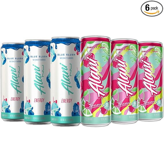 New Alani Energy Drinks Blue Slush, Cherry Twist Flavors Sugar-Free, Low-Calorie, 200mg Caffeine, Energy Boost Drink 12 fl oz (Pack of 6)