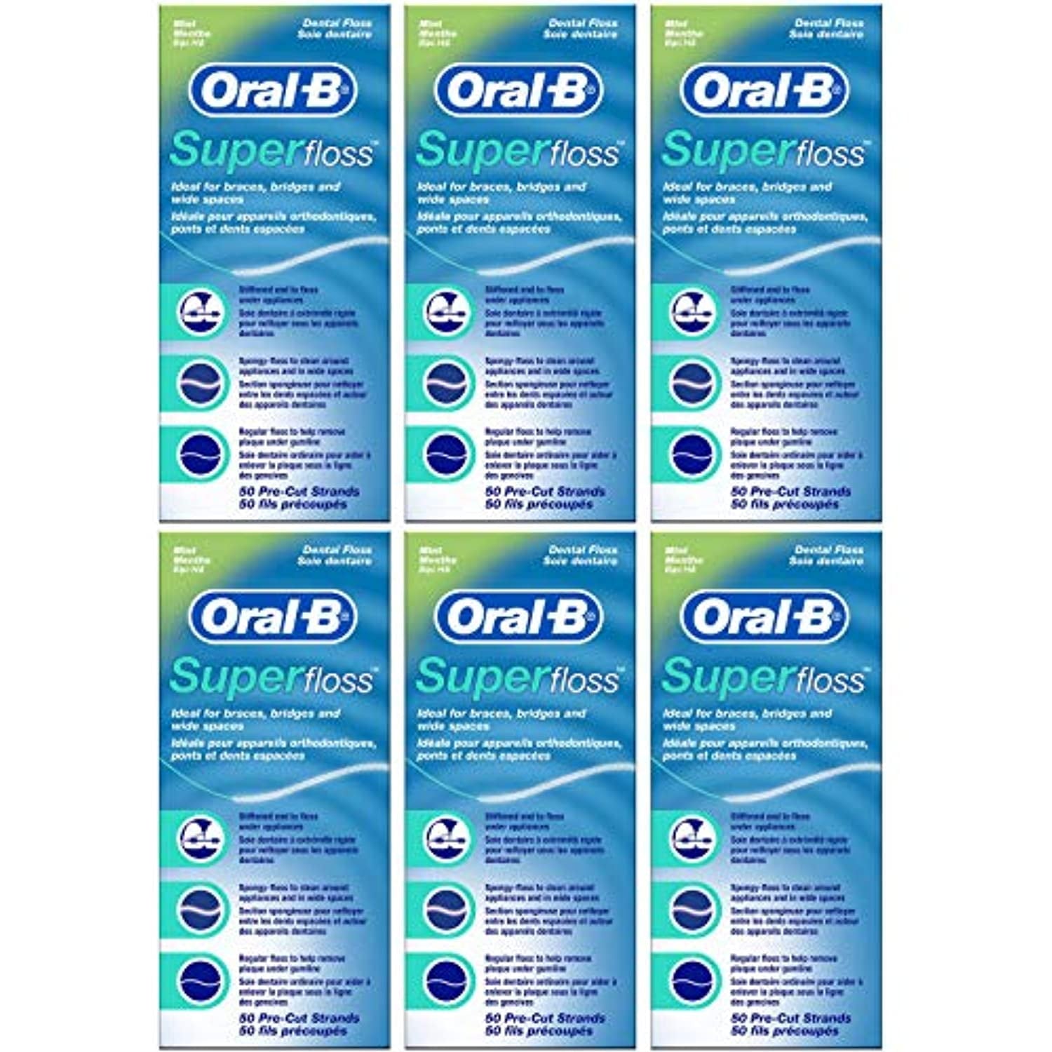 Oral-B Super Floss Mint .. .. Dental Floss for .. Braces .. Bridges - .. 50 Strips .. (Pack .. of 6)