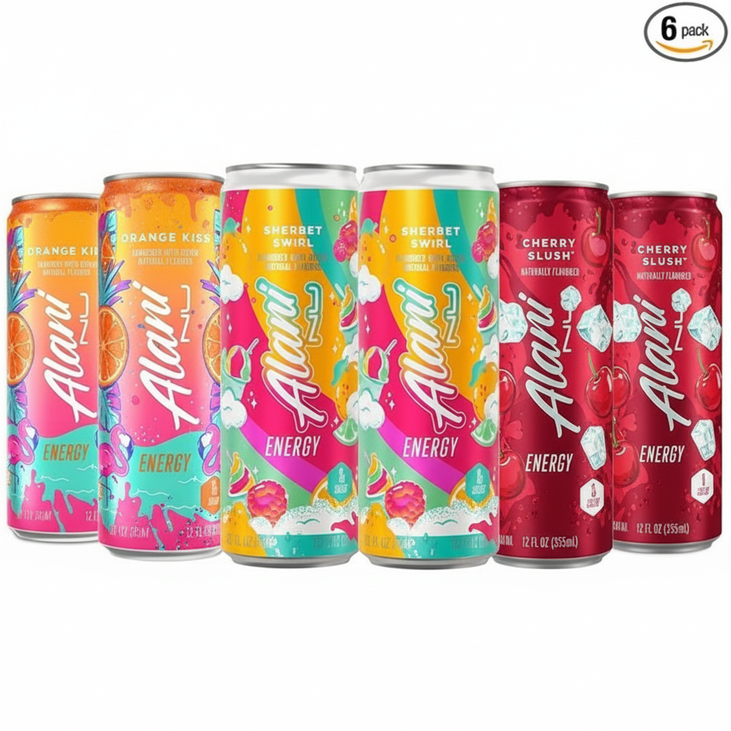 Alani Nu Energy Drinks Sherbet Swirl, Orange kiss, Cherry Slush Flavors Variety Pack Sugar-Free, Low-Calorie, 200mg Caffeine, Energy Boost Drink 12 fl oz (Pack of 6) by 4KIDSANDALL