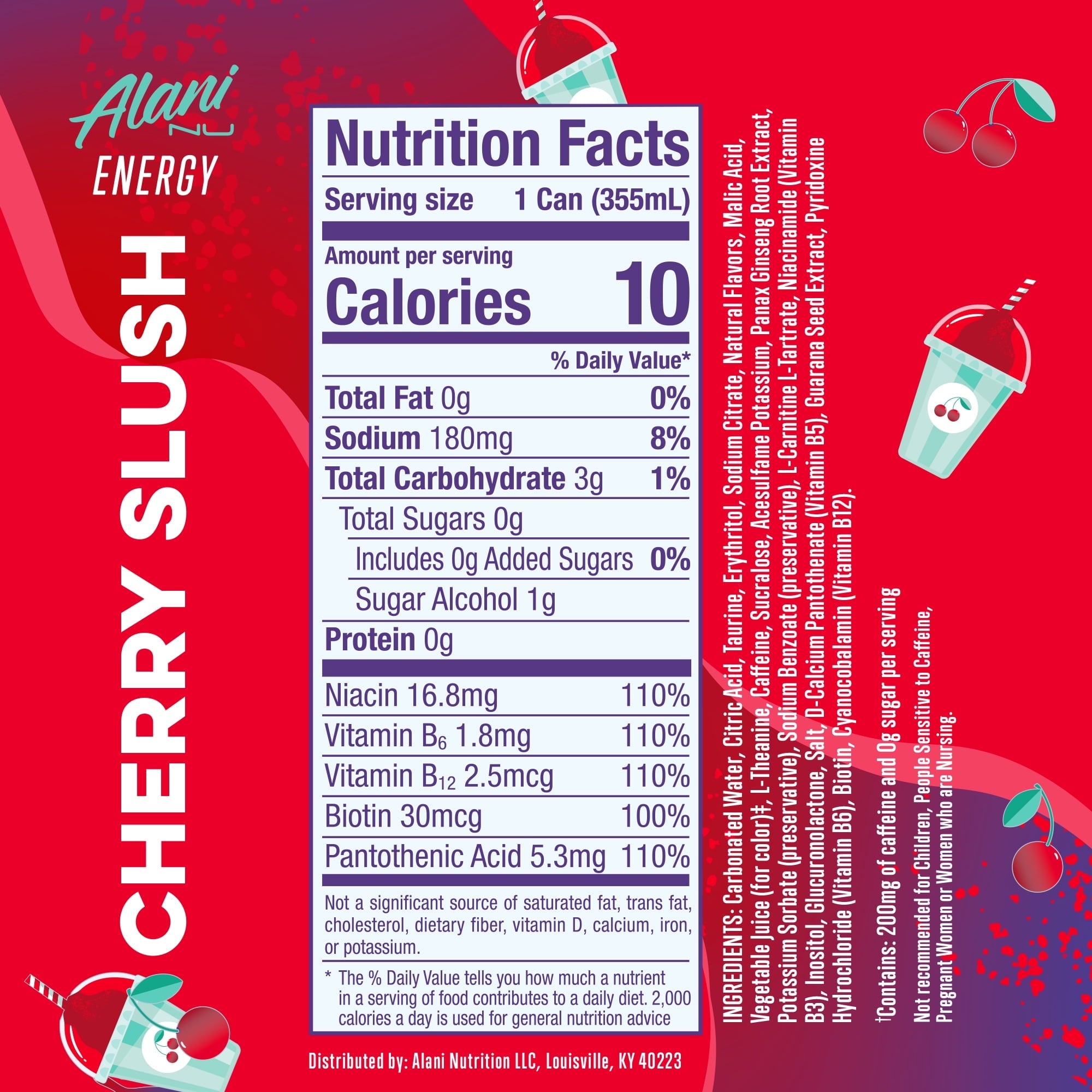 Alani Nu Sugar Free Energy Drink, Cherry Slush, 12 fl oz, Can, (Packs of 4)