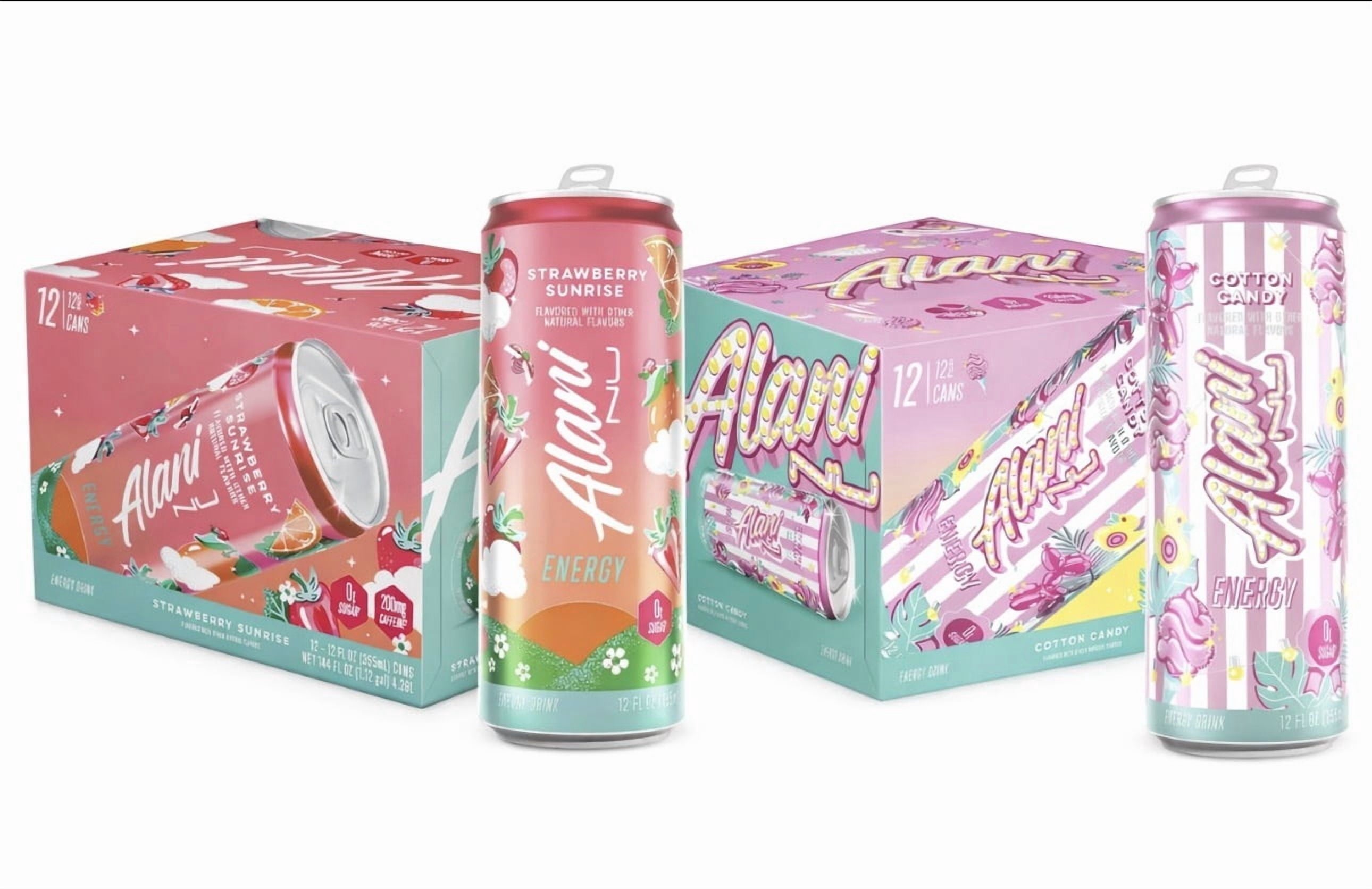 Alani Energy Drink Variety Pack Cotton Candy and Strawberry Sunrise Flavors 24 Count 12 fl oz