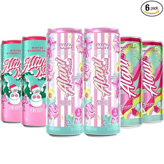 New Alani Energy Drinks, Cotton Candy, Winter Wonderland, Cherry Twist Variety Pack Sugar-Free, Low-Calorie, Energy Boost Drink 12 fl oz (Pack of 6)