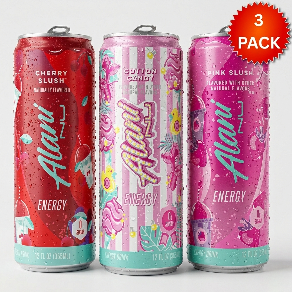 Alani Energy Drink Variety Pack, 12 fl oz (3 Cans) – Cherry Slush, Cotton Candy, Pink Slush – Zero Sugar, Naturally Flavored